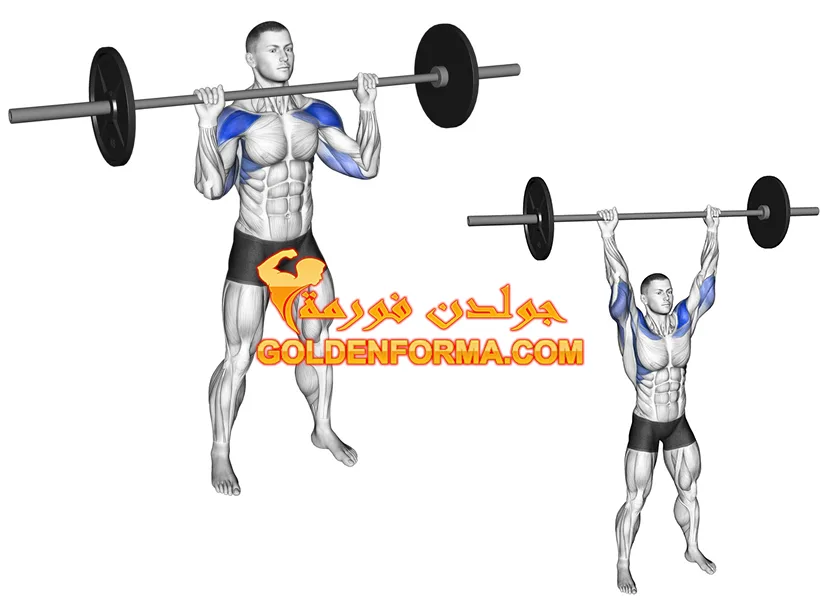 تمرين شولدر بريس بالبار من الوقوف BB Overhead Press تمرينة كتف كاملة